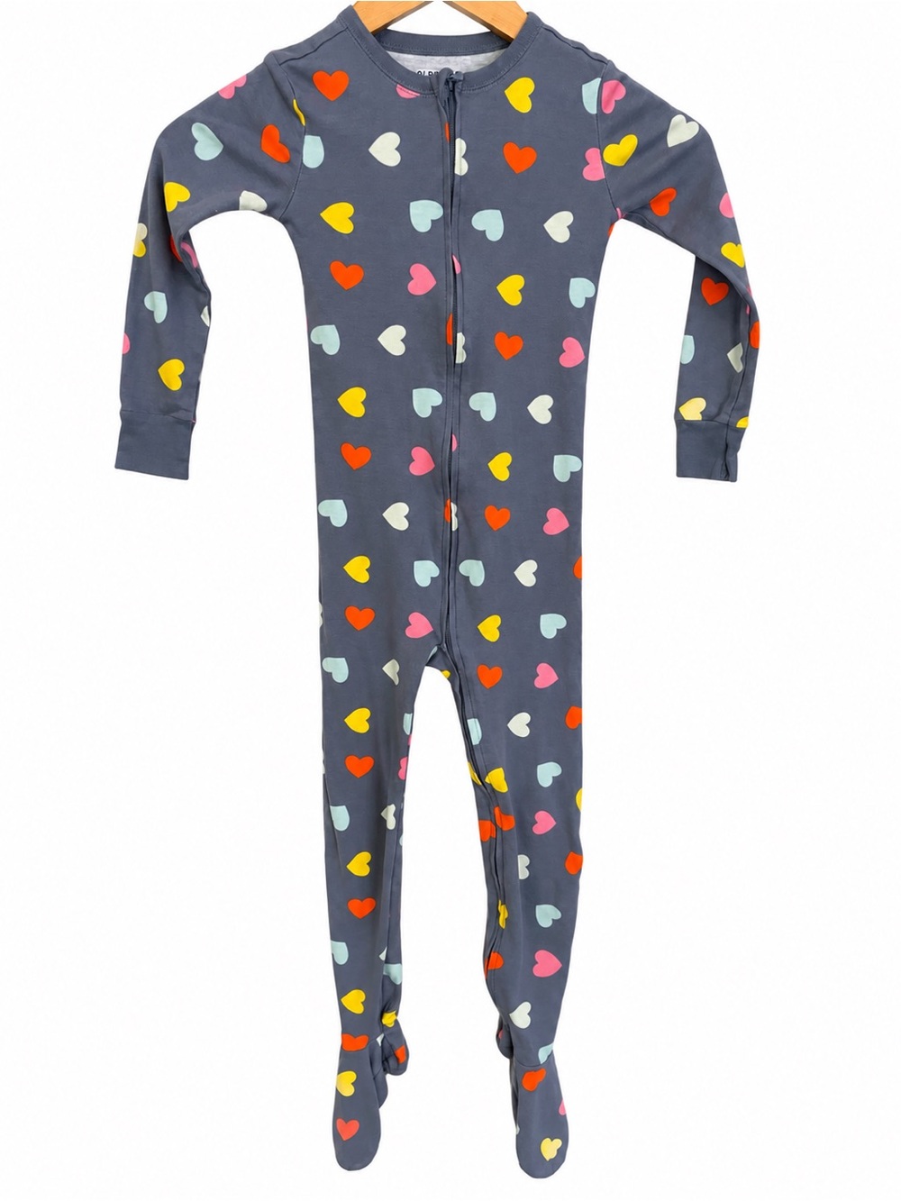 Old Navy Gray Footed One-Piece with Multicolor Hearts